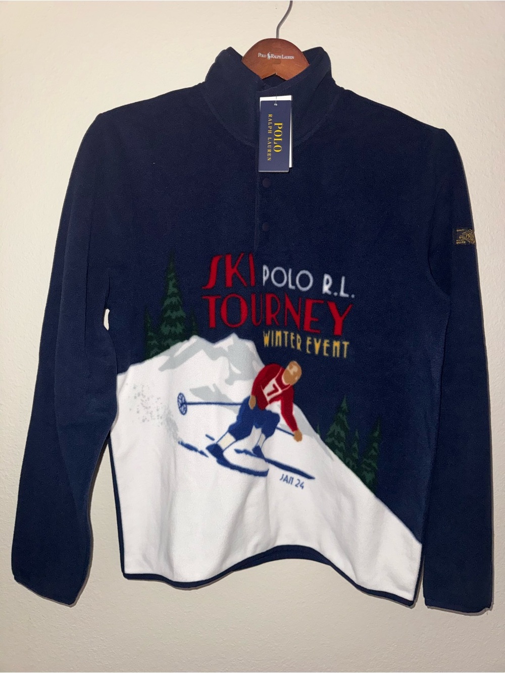 Polo by Ralph Lauren Navy Ski Tourney Fleece Pullover with White Ski Graphic